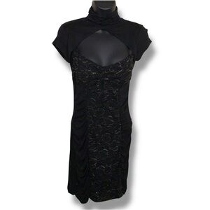 Y2K Small Papaya Black Gold Sparkle Ruched Dress Pinup Event Goth Open Chest